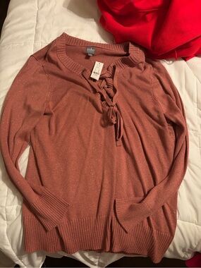 New York & Company Soho Lace-Up Crew Sweater - Dusty Rose